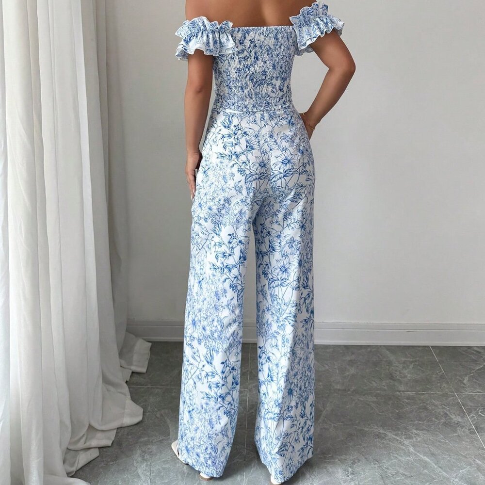 Blue And White Elegant Womens Top & Straight Leg Pants With Print Off Floral Set - Picture 2 of 6
